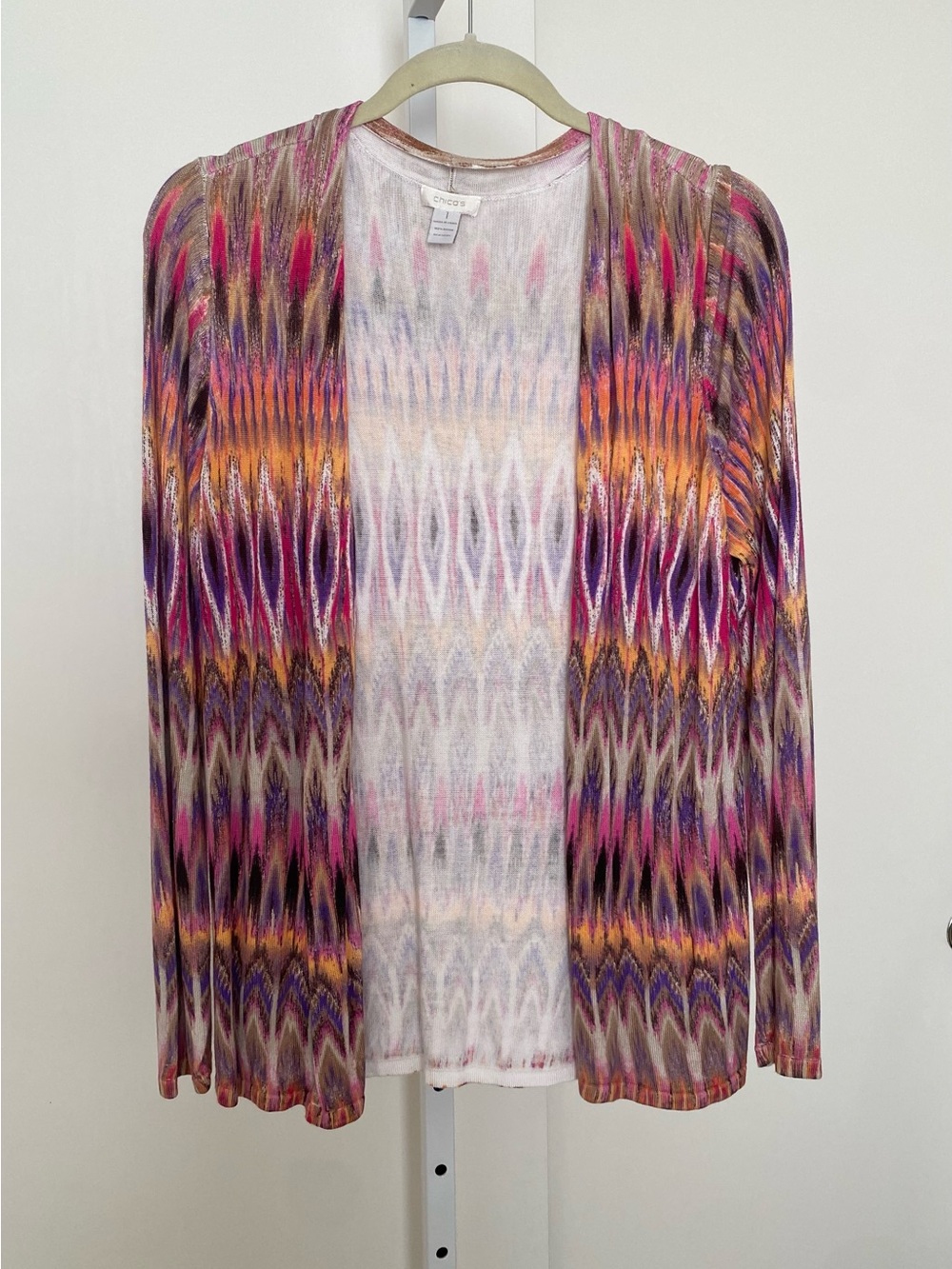 Chico's Multicolor Open-Front shell — Pink, Orange, Purple & Cream medium/ Large